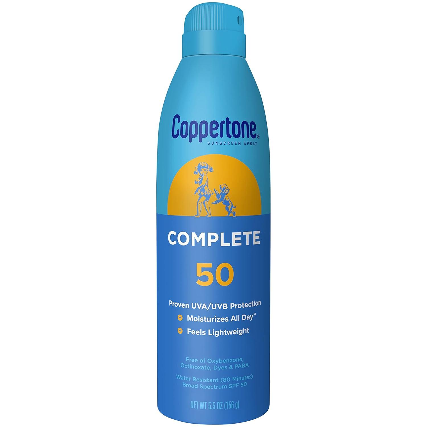 imageCoppertone Complete Sunscreen Spray SPF 50 Spray Sunscreen for Body Lightweight Water Resistant 55 Oz Pack of 3