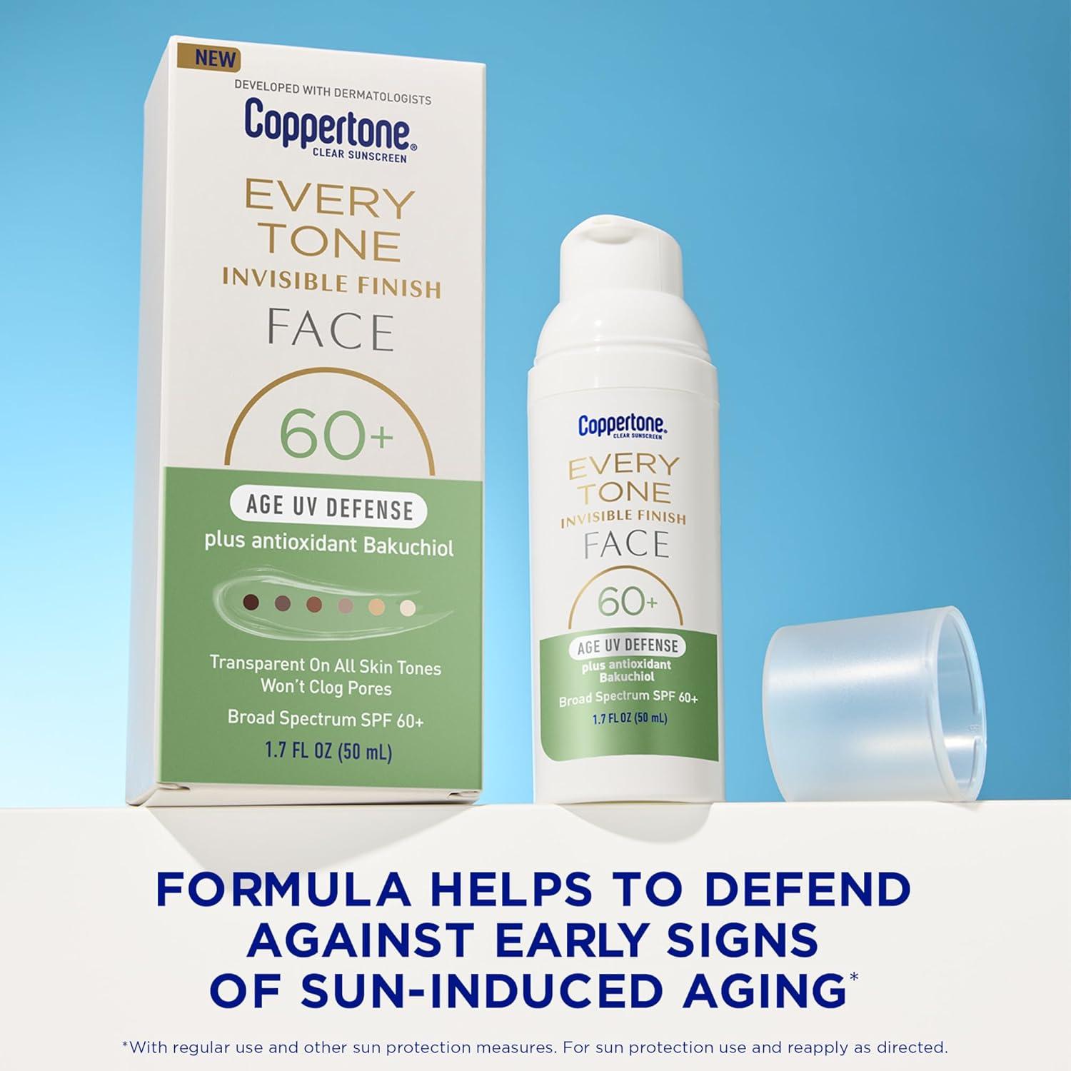 imageCoppertone Every Tone Invisible Finish Age UV Defense Face Sunscreen SPF 60 with Bakuchiol Lightweight Blends in Clear Sunscreen for All Skin Tones 17 Fl Oz Pump Bottle