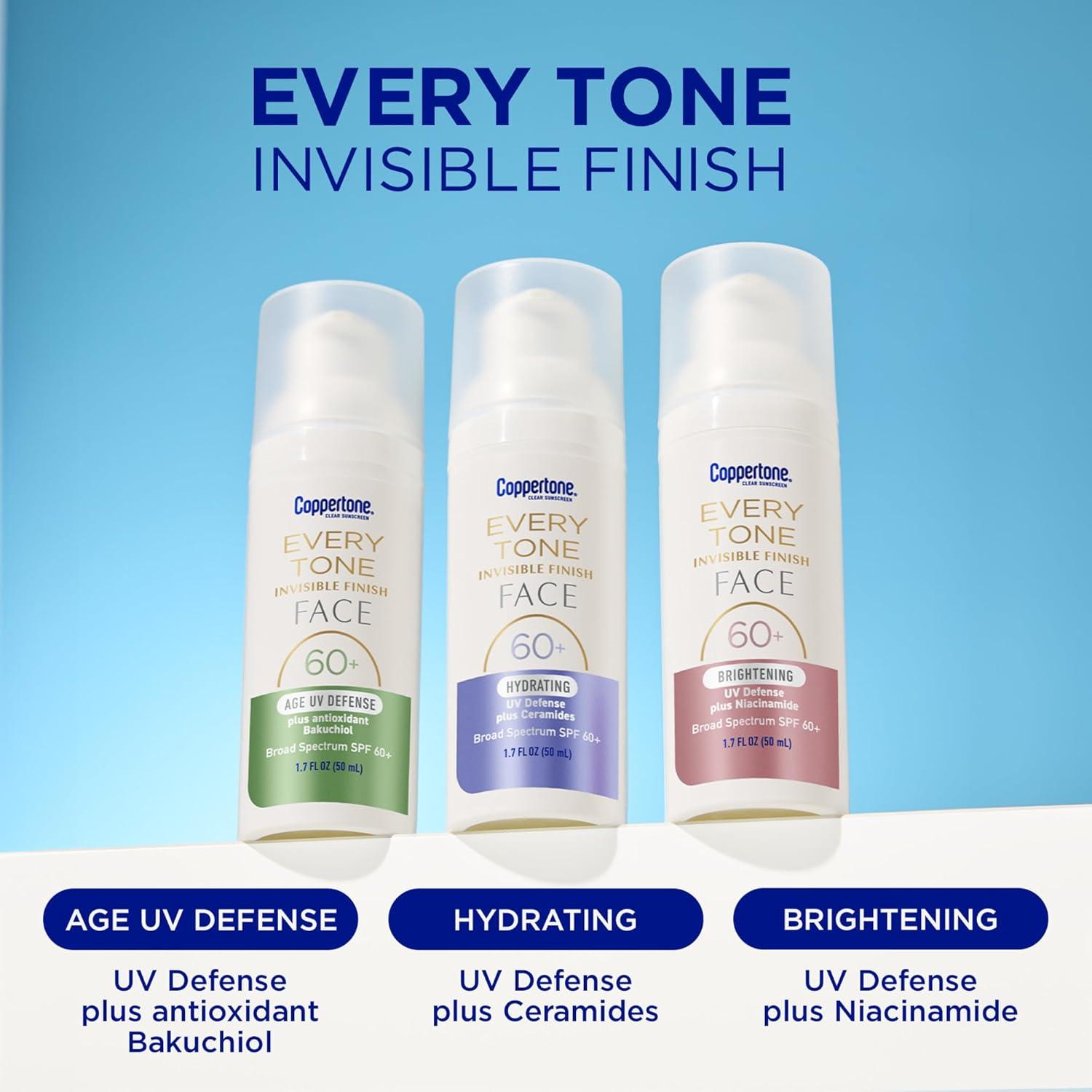 imageCoppertone Every Tone Invisible Finish Hydrating UV Defense Face Sunscreen SPF 60 with Ceramides Lightweight Blends in Clear Sunscreen for All Skin Tones 17 Fl Oz Pump Bottle