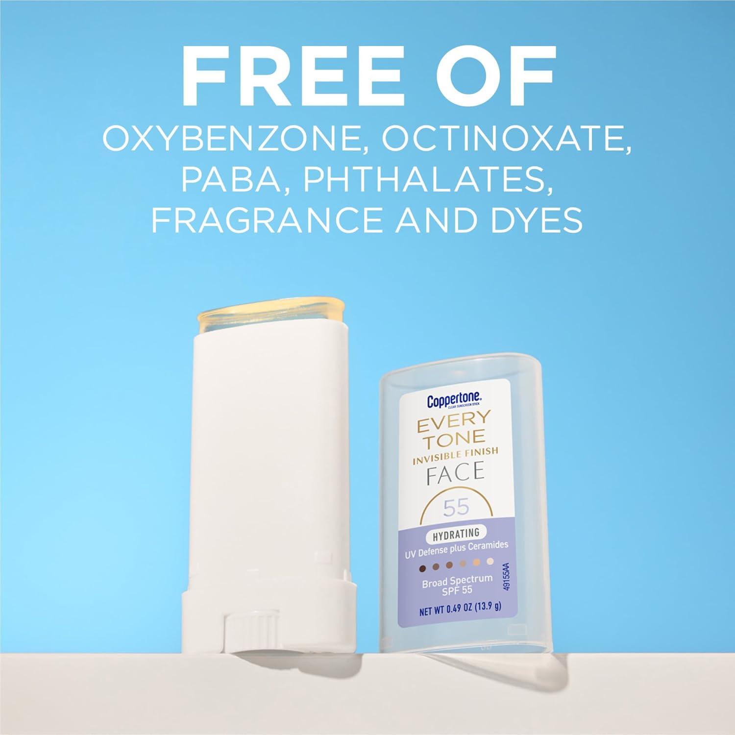 imageCoppertone Every Tone Invisible Finish Hydrating UV Defense Face Sunscreen Stick SPF 55 with Moisturizing Ceramides Blends in Clear Sunscreen for All Skin Tones 049 Oz Stick