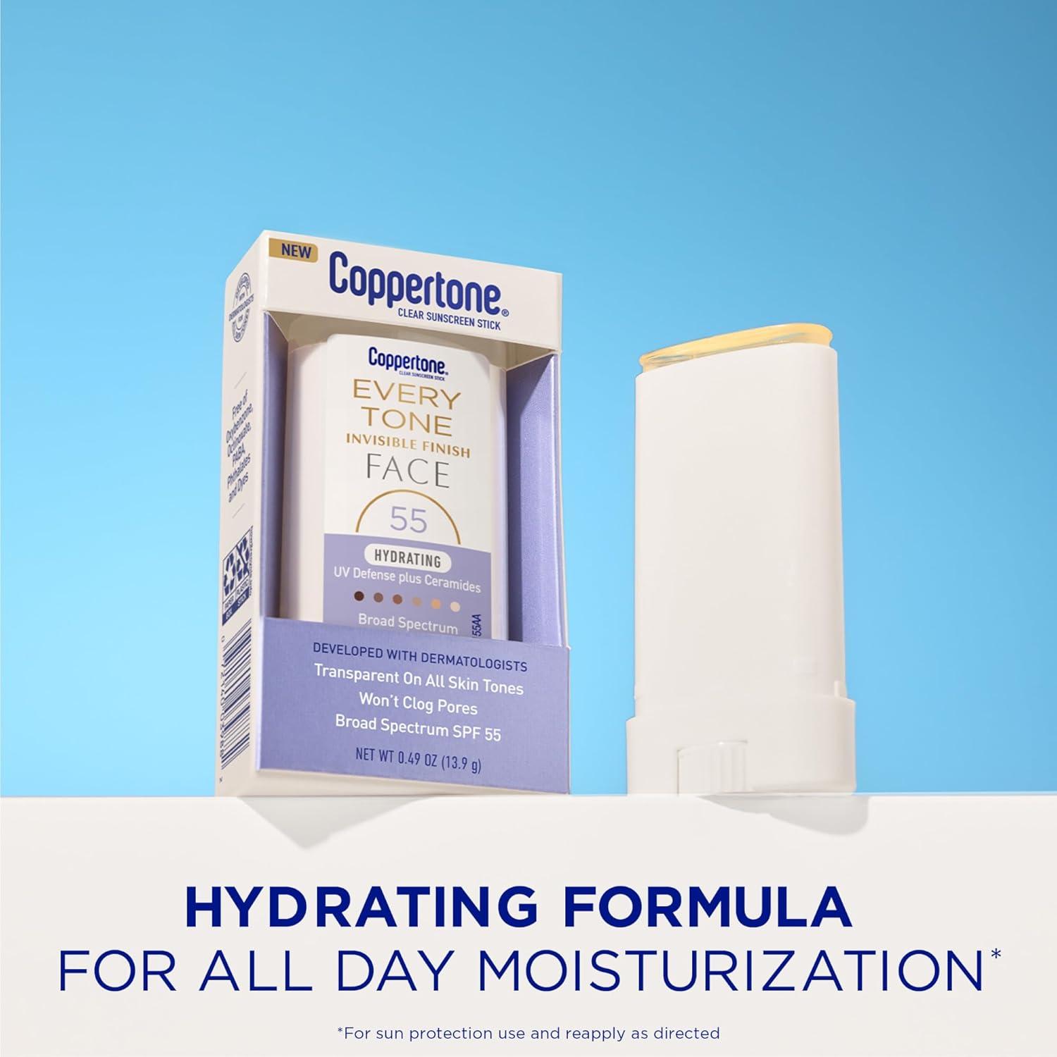 imageCoppertone Every Tone Invisible Finish Hydrating UV Defense Face Sunscreen Stick SPF 55 with Moisturizing Ceramides Blends in Clear Sunscreen for All Skin Tones 049 Oz Stick