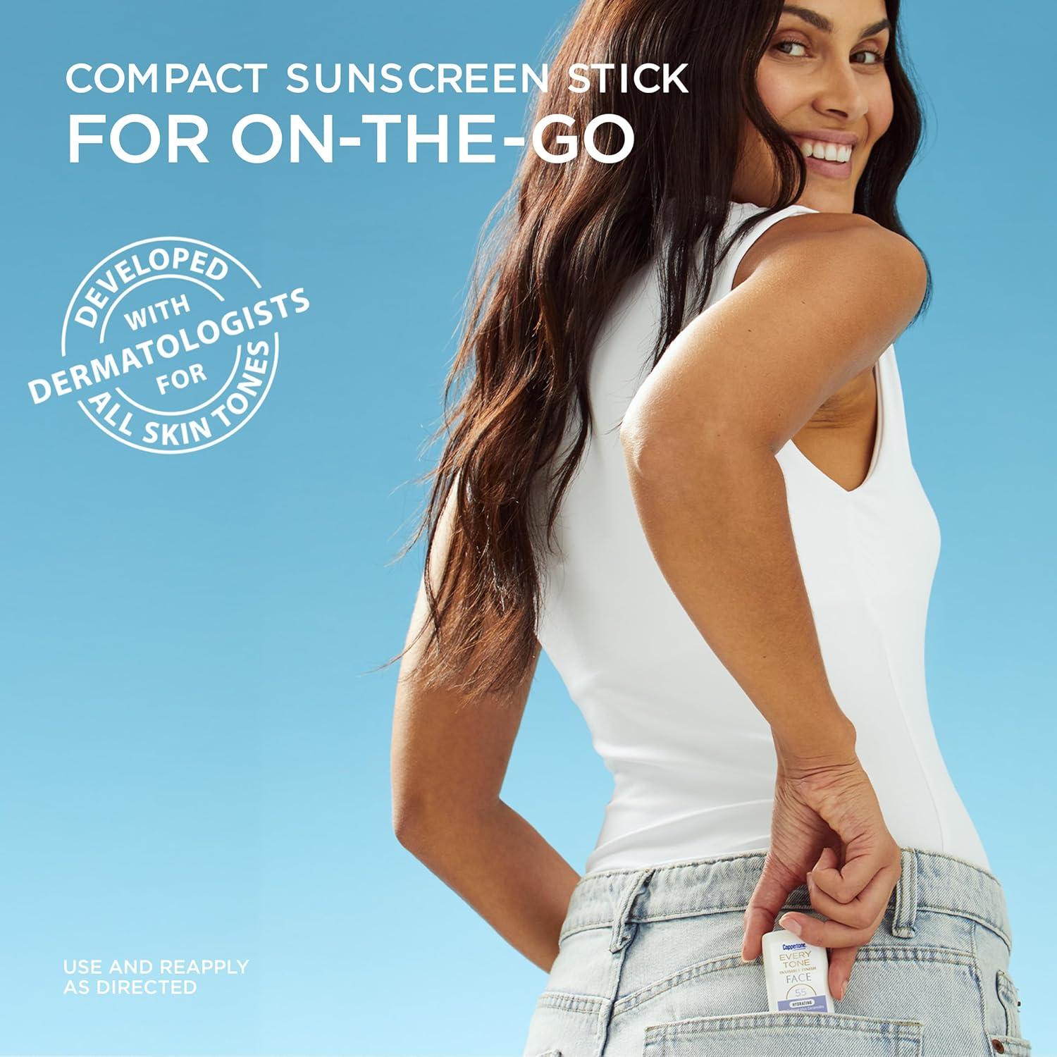 imageCoppertone Every Tone Invisible Finish Hydrating UV Defense Face Sunscreen Stick SPF 55 with Moisturizing Ceramides Blends in Clear Sunscreen for All Skin Tones 049 Oz Stick