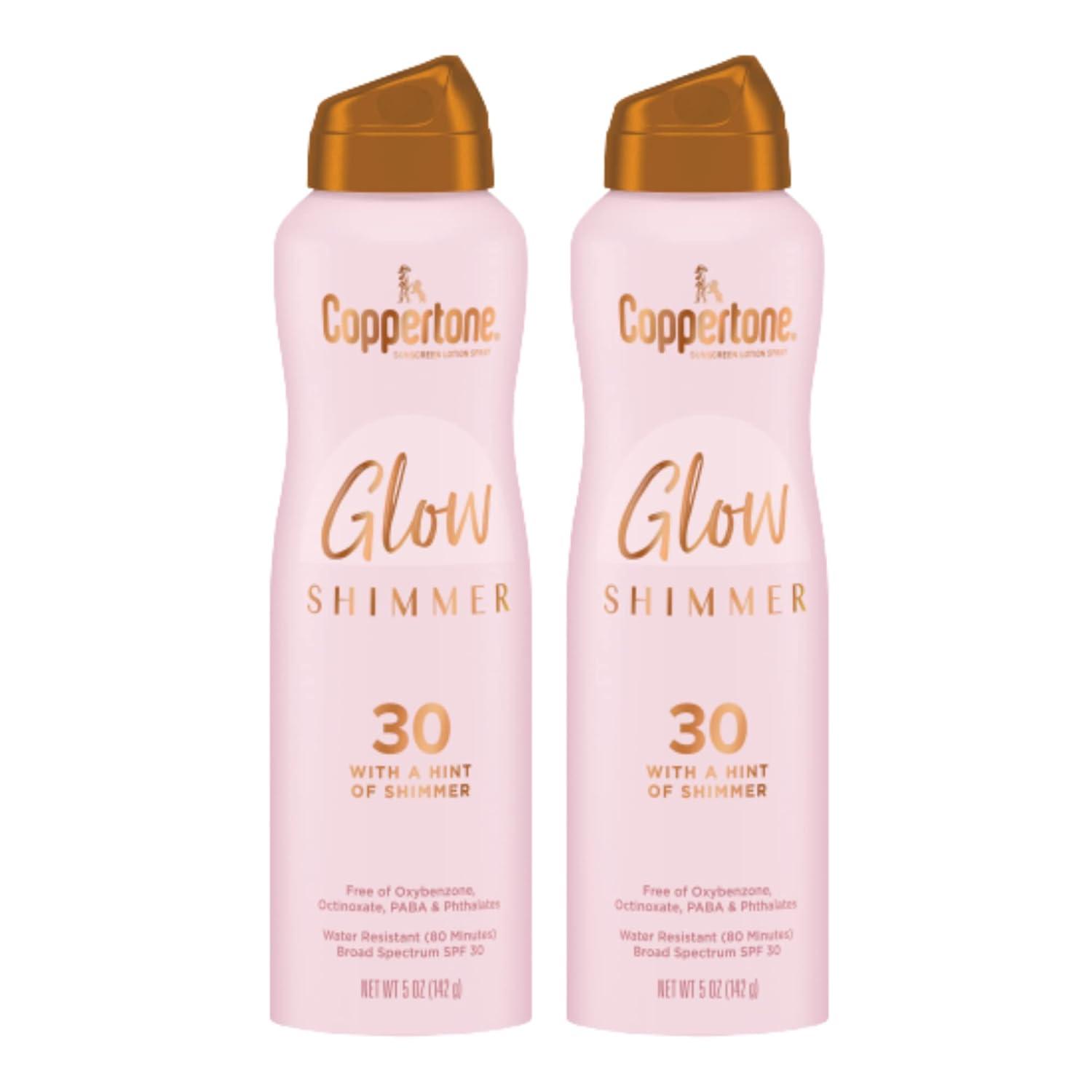 imageCoppertone Glow Shimmer Sunscreen Spray SPF 30 Water Resistant Broad Spectrum SPF 30 Spray Sunscreen Free From Parabens PABA Phthalates Octinoxate and Oxybenzone 5 Oz Bottle Pack of 2SPF 30
