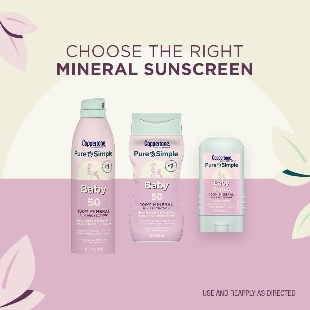 imageCoppertone Pure and Simple Baby Sunscreen Spray SPF 50 Zinc Oxide Mineral Sunscreen for Babies Hypoallergenic and Tear Free 5 Oz Can Pack of 35 Ounce Pack of 3