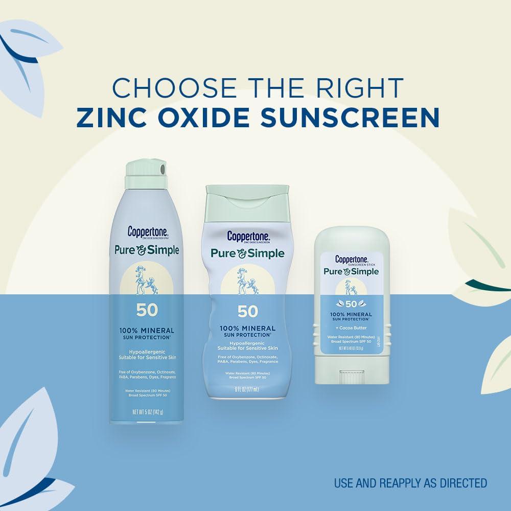 imageCoppertone Pure and Simple Mineral Sunscreen Spray SPF 50 5 Oz Sunscreen Stick SPF 50 049 Oz with Zinc Oxide Protection Hypoallergenic Fragrance Free