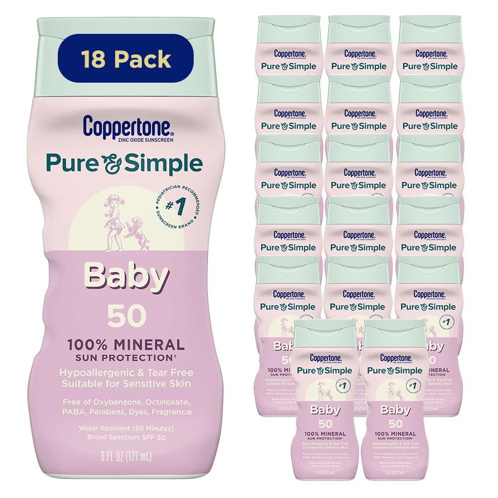 imageCoppertone Pure and Simple Zinc Oxide Mineral Sunscreen Lotion SPF 50 Water Resistant Sunscreen for Sensitive Skin Hypoallergenic and Fragrance Free 6 Fl Oz BottleSPF 50 Lotion