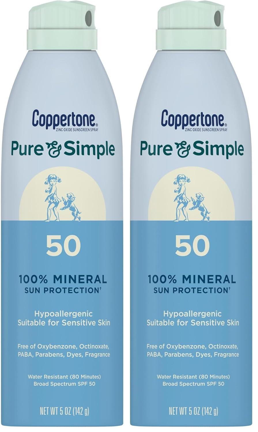 imageCoppertone Pure and Simple Zinc Oxide Mineral Sunscreen Spray SPF 50 Water Resistant Broad Spectrum SPF 50 Sunscreen for Sensitive Skin 5 Oz Spray Pack of 2Blue