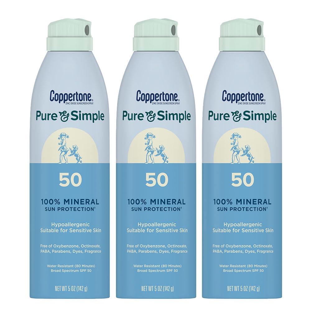 imageCoppertone Pure and Simple Zinc Oxide Mineral Sunscreen Spray SPF 50 Water Resistant Sunscreen for Sensitive Skin Hypoallergenic and Fragrance Free 5 Oz Can Pack of 3SPF 50