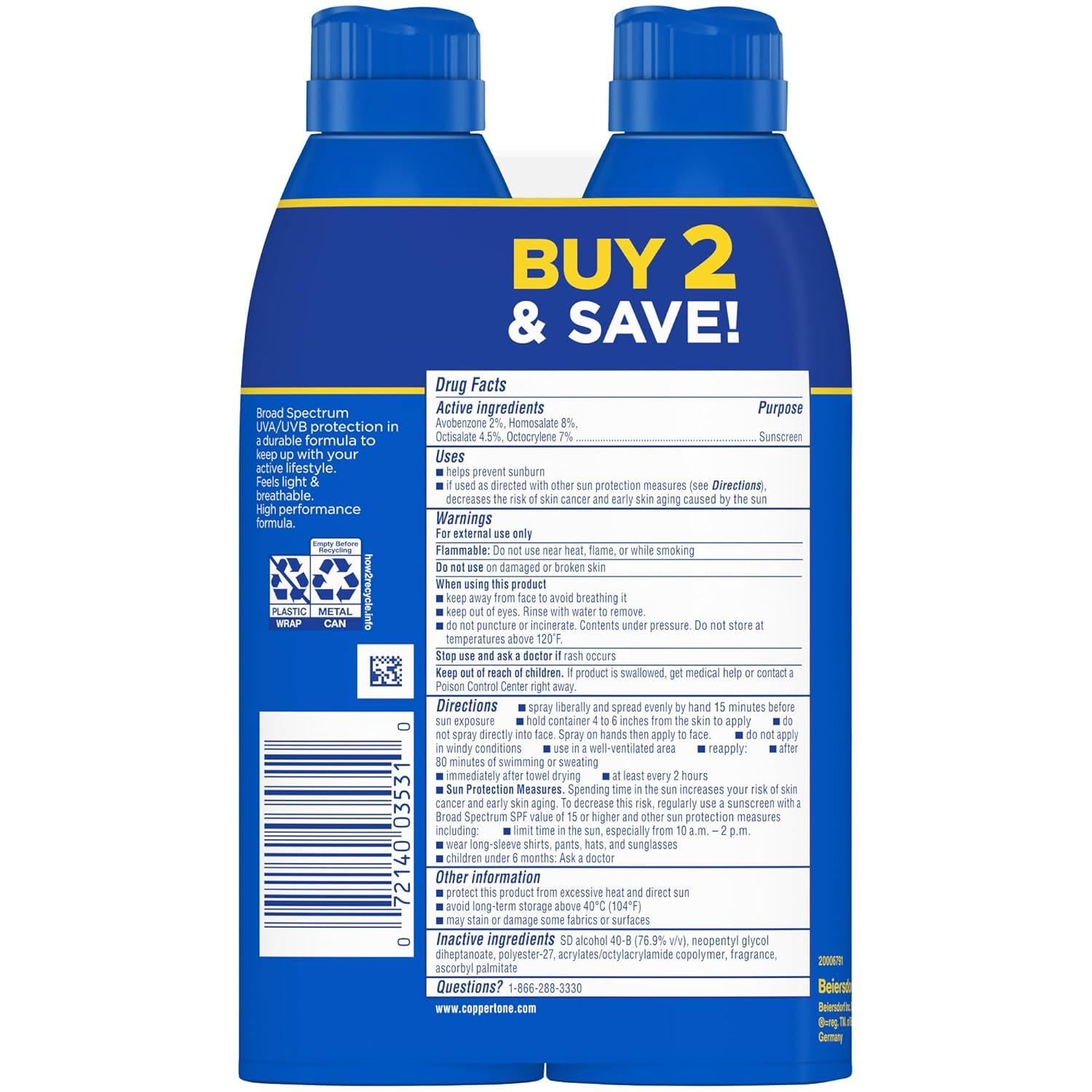 imageCoppertone Sport Sunscreen Spray SPF 30 Water Resistant Spray Sunscreen Pack 55 Oz Pack of 2 Packaging May Vary