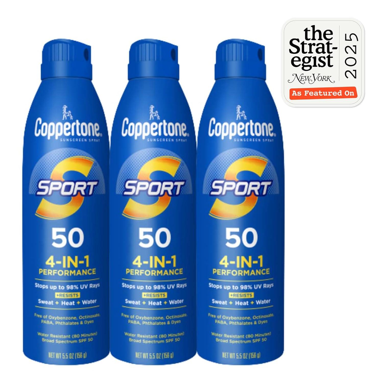 imageCoppertone Sport Sunscreen Spray SPF 50 Sweat Heat and Water Resistant Sunblock Lightweight Oxybenzone Free Spray Sunscreen Bulk Pack 55 Oz Bottle Pack of 3 Packaging May Vary