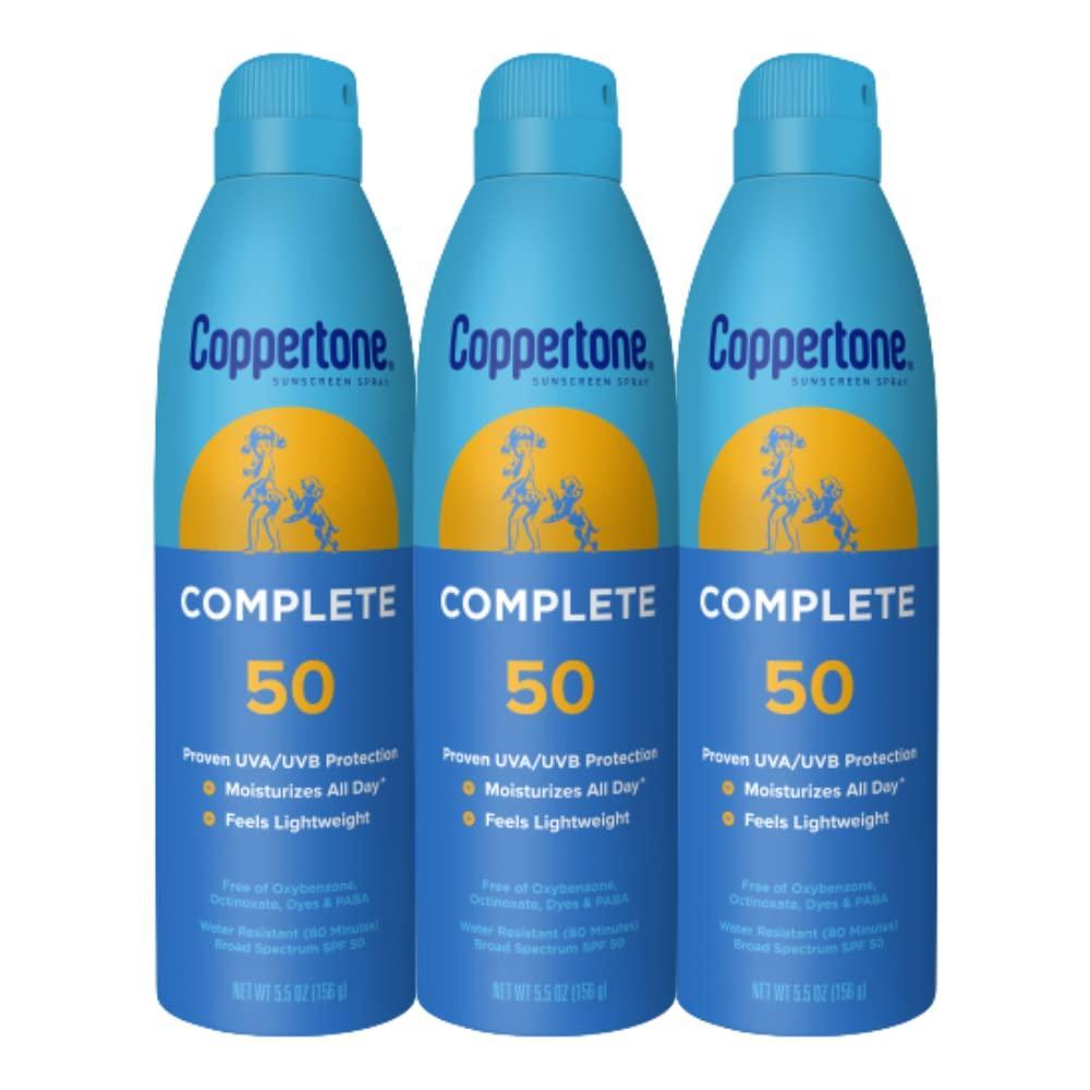 imageCoppertone Complete Sunscreen Spray SPF 50 Spray Sunscreen for Body Lightweight Water Resistant 55 Oz Pack of 3