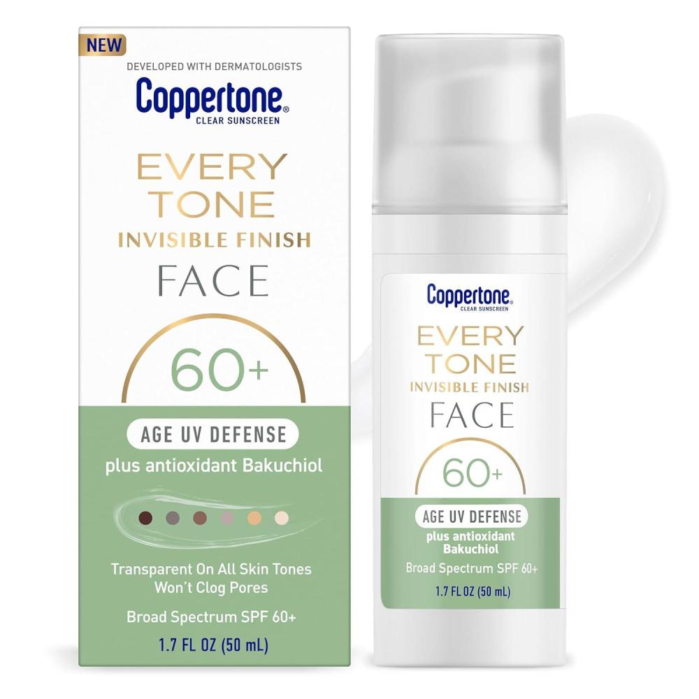 imageCoppertone Every Tone Invisible Finish Age UV Defense Face Sunscreen SPF 60 with Bakuchiol Lightweight Blends in Clear Sunscreen for All Skin Tones 17 Fl Oz Pump Bottle