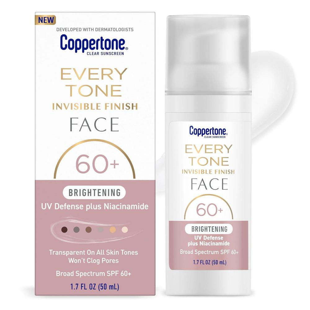 imageCoppertone Every Tone Invisible Finish Brightening UV Defense Face Sunscreen SPF 60 with Niacinamide Lightweight Blends in Clear Sunscreen for All Skin Tones 17 Fl Oz Pump Bottle
