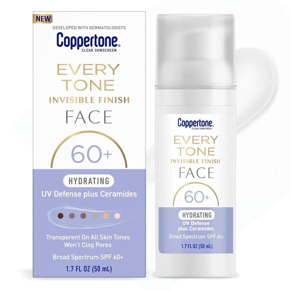 imageCoppertone Every Tone Invisible Finish Hydrating UV Defense Face Sunscreen SPF 60 with Ceramides Lightweight Blends in Clear Sunscreen for All Skin Tones 17 Fl Oz Pump Bottle