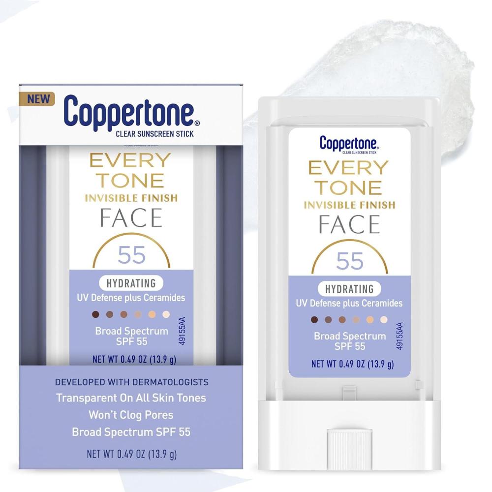 imageCoppertone Every Tone Invisible Finish Hydrating UV Defense Face Sunscreen Stick SPF 55 with Moisturizing Ceramides Blends in Clear Sunscreen for All Skin Tones 049 Oz Stick