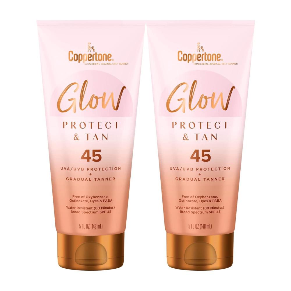 imageCoppertone Glow Protect and Tan Sunscreen Lotion with Gradual Self Tanner SPF 45 Water Resistant Sunscreen SPF 45 Broad Spectrum Sunscreen Pack 5 Fl Oz Tube Pack of 2