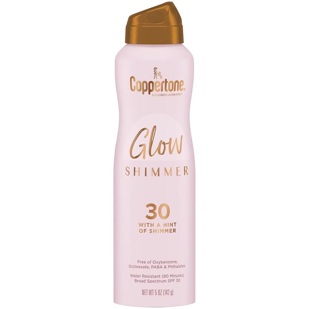 imageCoppertone Glow Shimmer Sunscreen Spray SPF 30 Water Resistant Broad Spectrum SPF 30 Spray Sunscreen Free From Parabens PABA Phthalates Octinoxate and Oxybenzone 5 Oz Bottle Pack of 2SPF 30