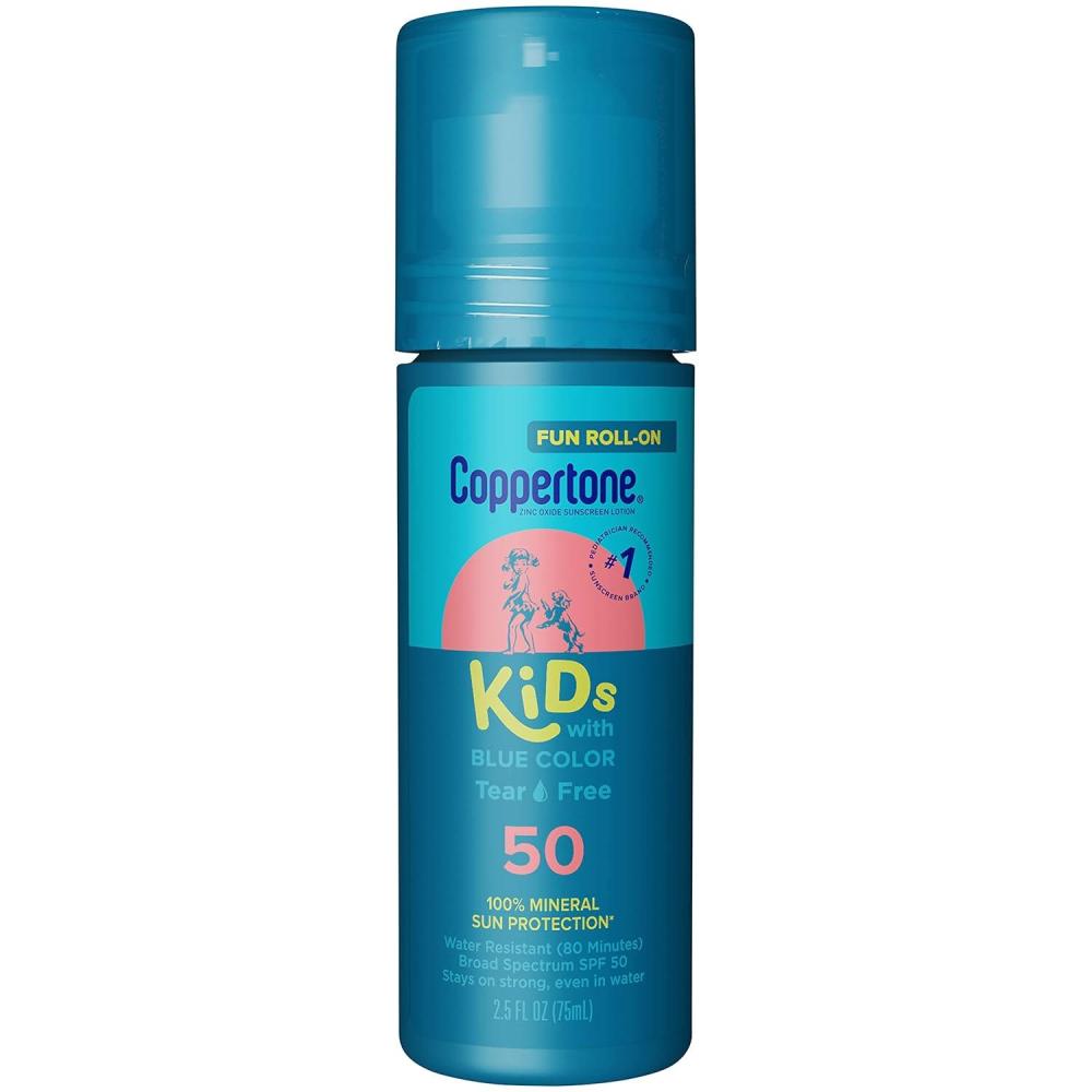 imageCoppertone Kids Roll On Sunscreen Lotion SPF 50 Tear Free Kids Sunscreen with Blue Color and Zinc Oxide Sun Protection 25 Fl Oz Tube