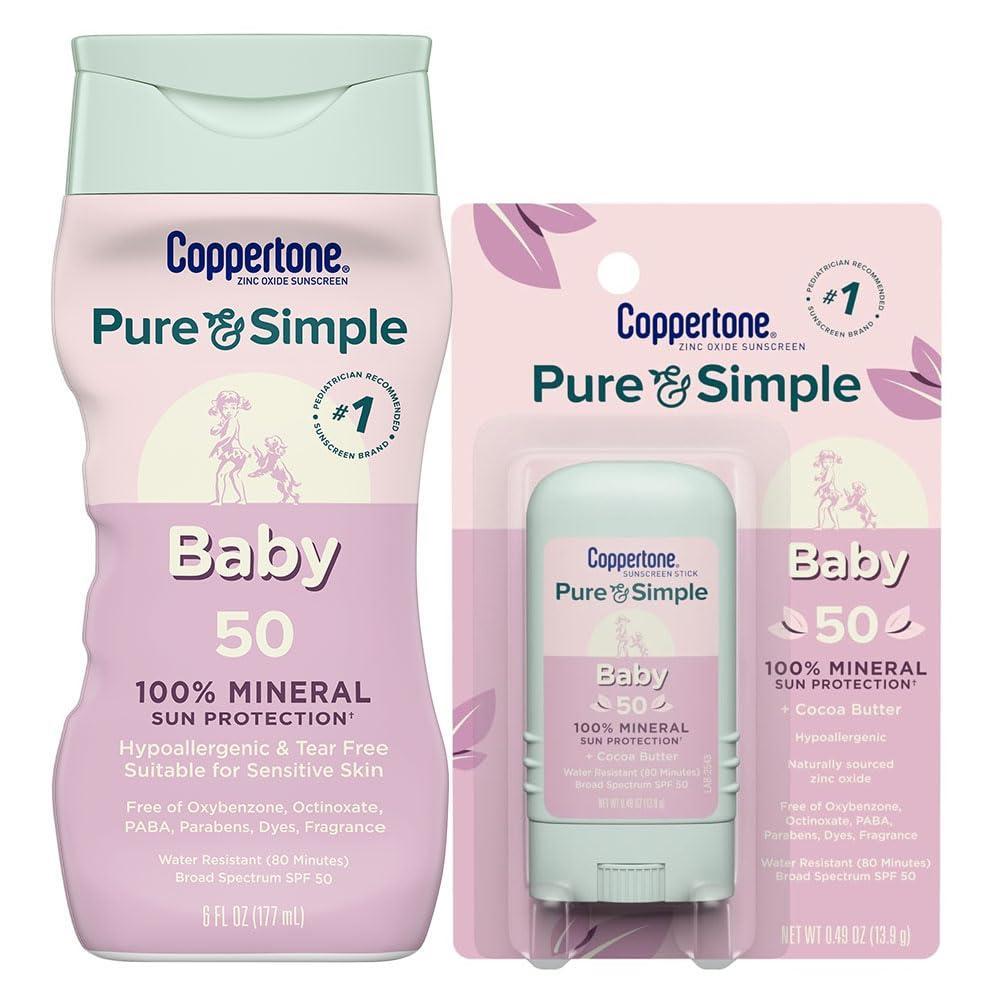 imageCoppertone Pure and Simple Baby Mineral Sunscreen Lotion SPF 50 6 Fl Oz Baby Sunscreen Stick SPF 50 049 Oz Hypoallergenic and Fragrance Free
