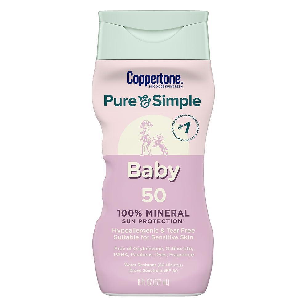 imageCoppertone Pure and Simple Baby Sunscreen Lotion SPF 50 Zinc Oxide Mineral Sunscreen for Babies Hypoallergenic and Tear Free 6 Fl Oz Bottle