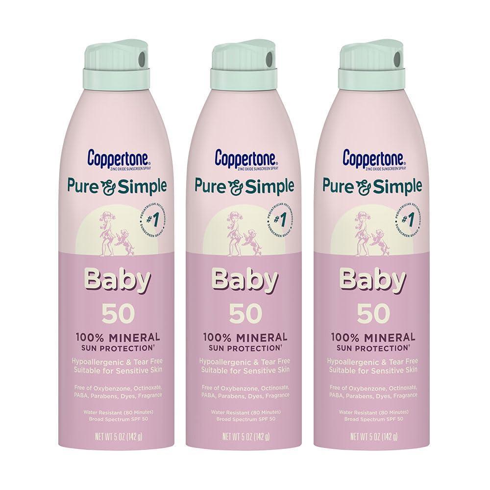 imageCoppertone Pure and Simple Baby Sunscreen Spray SPF 50 Zinc Oxide Mineral Sunscreen for Babies Hypoallergenic and Tear Free 5 Oz Can Pack of 35 Ounce Pack of 3