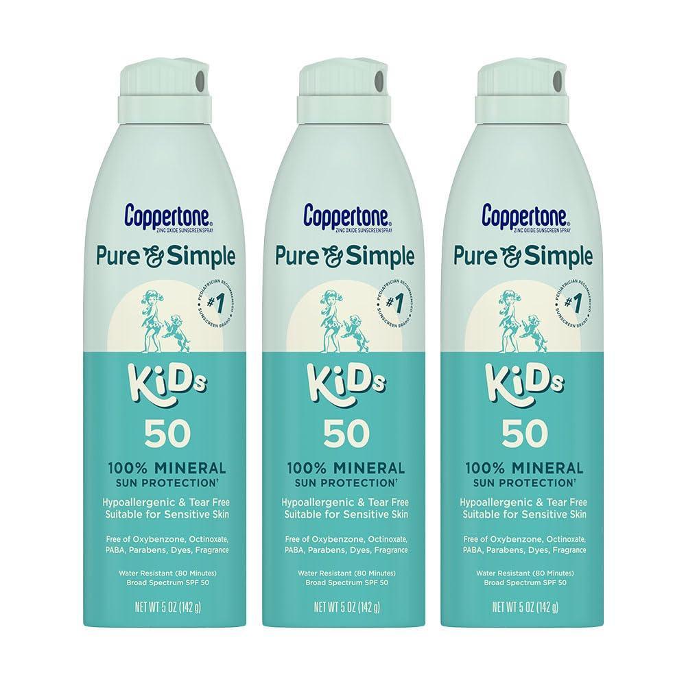 imageCoppertone Pure and Simple Kids Sunscreen Spray SPF 50 Zinc Oxide Mineral Sunscreen for Sensitive Skin Hypoallergenic and Tear Free 5 Oz Can Pack of 3