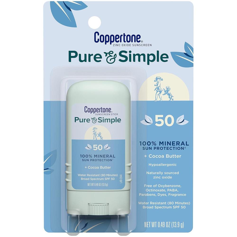 imageCoppertone Pure and Simple Mineral Sunscreen Stick SPF 50 Water Resistant Hypoallergenic Face Sunscreen with Broad Spectrum UVAUVB Protection 049 oz Stick