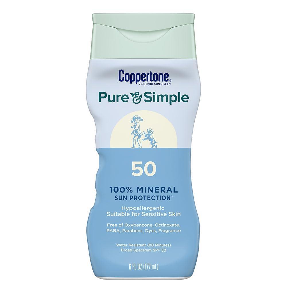 imageCoppertone Pure and Simple Zinc Oxide Mineral Sunscreen Lotion SPF 50 Water Resistant Sunscreen for Sensitive Skin Hypoallergenic and Fragrance Free 6 Fl Oz BottleSPF 50 Lotion