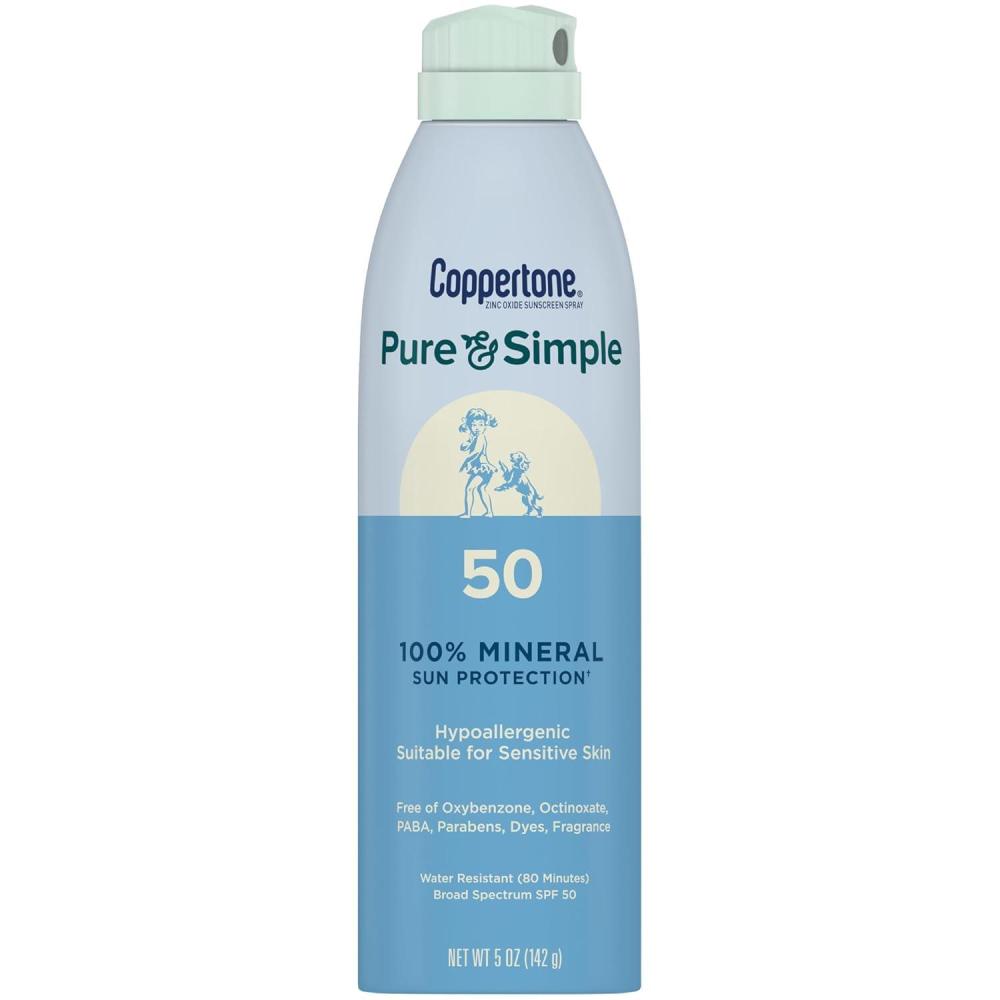 imageCoppertone Pure and Simple Zinc Oxide Mineral Sunscreen Spray SPF 50 Water Resistant Broad Spectrum SPF 50 Sunscreen for Sensitive Skin 5 Oz Spray Pack of 2Blue