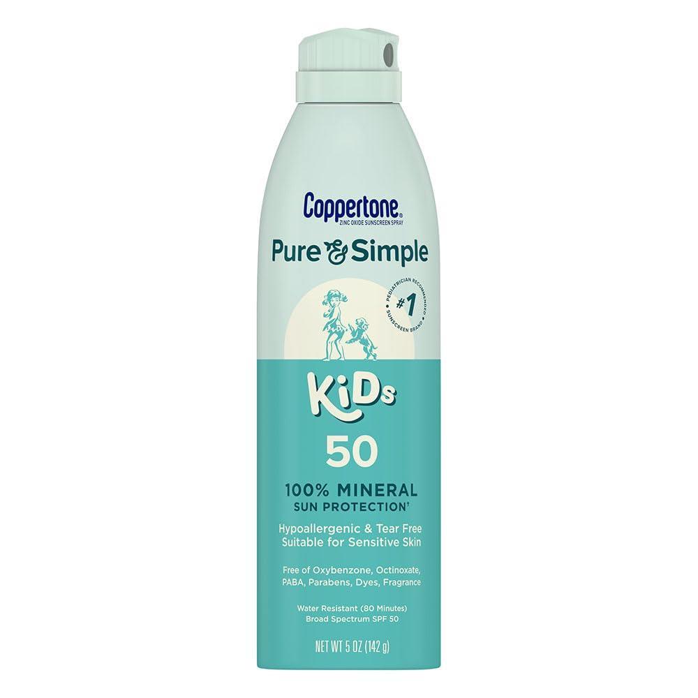 imageCoppertone Pure and Simple Zinc Oxide Mineral Sunscreen Spray SPF 50 Water Resistant Sunscreen for Sensitive Skin Hypoallergenic and Fragrance Free 5 Oz Can Pack of 3SPF 50