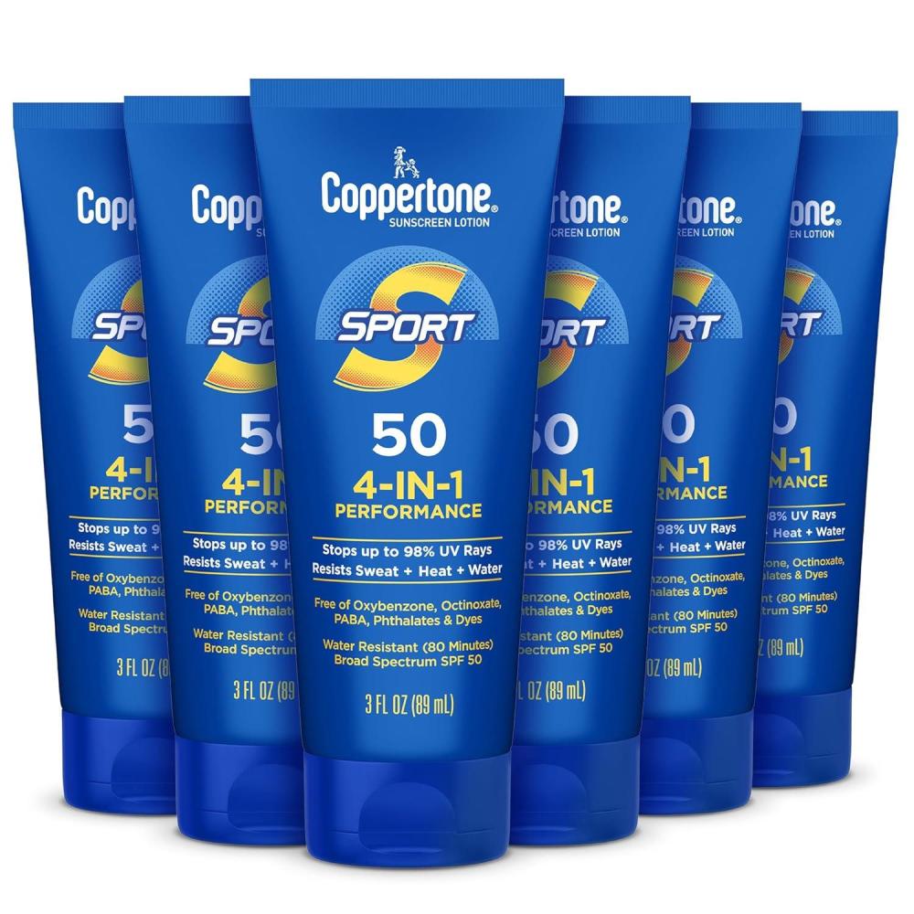 imageCoppertone Sport Sunscreen Lotion SPF 50 Sweat Heat and Water Resistant Sunblock Lightweight Oxybenzone Free Travel Size Sunscreen Bulk Pack 3 Fl Oz Bottle Pack of 6