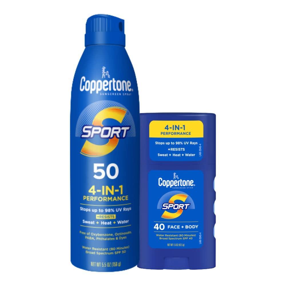 imageCoppertone Sport Sunscreen Spray Broad Spectrum SPF 50 Water Resistant Spray Sunscreen 55 Oz and Coppertone Sport Sunscreen Stick SPF 40 15 Oz
