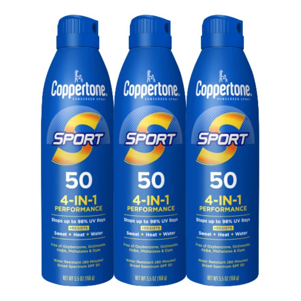 imageCoppertone Sport Sunscreen Spray SPF 50 Sweat Heat and Water Resistant Sunblock Lightweight Oxybenzone Free Spray Sunscreen Bulk Pack 55 Oz Bottle Pack of 3 Packaging May Vary