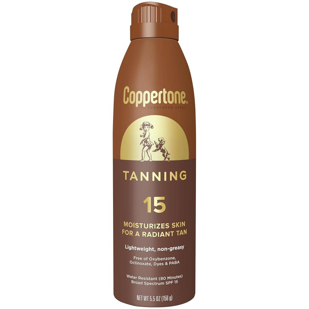 imageCoppertone Tanning Sunscreen Spray with Broad Spectrum SPF 15 Water Resistant Spray Sunscreen Lightweight and NonGreasy 55 Oz55 Ounce Pack of 1