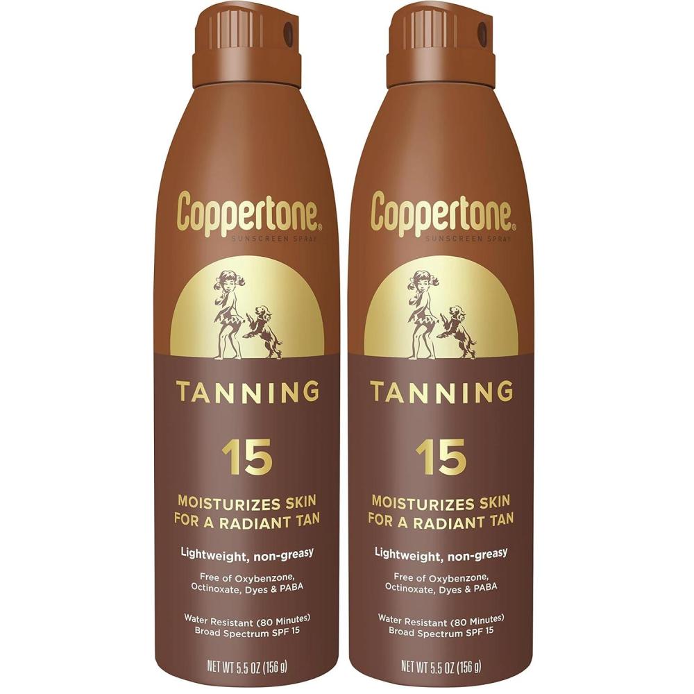 imageCoppertone Tanning Sunscreen Spray with Broad Spectrum SPF 15 Water Resistant Spray Sunscreen Lightweight and NonGreasy 55 Oz55 Ounce Pack of 2