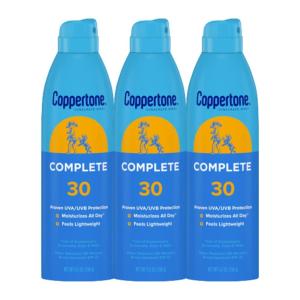 Coppertone Complete Sunscreen Spray SPF 30, Spray Sunscreen for Body, Lightweight, Water Resistant, 5.5 Oz, Pack of 3