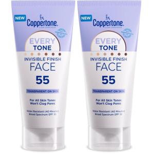 Coppertone Every Tone Invisible Finish Face Sunscreen SPF 55, Lightweight, Blends in Clear Sunscreen for All Skin Tones, 2 Fl Oz Tube(2 Fl Oz (Pack of 2))