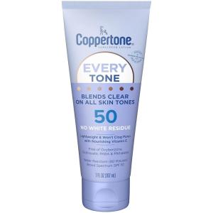 Coppertone Every Tone Sunscreen Lotion SPF 50, Lightweight, Rubs on Clear Sunscreen for All Skin Tones, Formulated with Nourishing Vitamin E, 7 Fl Oz Tube(7 Fl Oz (Pack of 1))