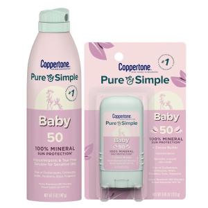 Coppertone Pure and Simple Baby Mineral Sunscreen Spray SPF 50 (5 Oz), Tear Free + Baby Sunscreen Stick SPF 50 (0.49 Oz), Hypoallergenic and Fragrance Free