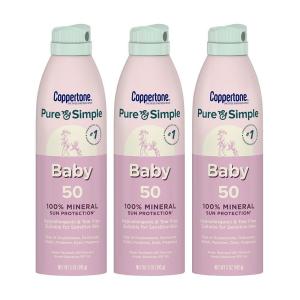 Coppertone Pure and Simple Baby Sunscreen Spray SPF 50, Zinc Oxide Mineral Sunscreen for Babies, Hypoallergenic and Tear Free, 5 Oz Can, Pack of 3(5 Ounce (Pack of 3))
