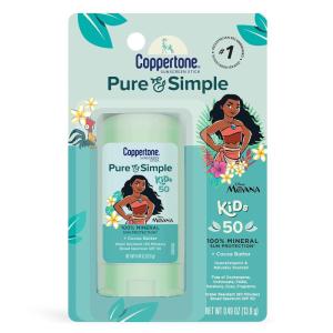 Coppertone Pure and Simple Kids Exclusive Disney Moana Sunscreen Stick SPF 50, Hypoallergenic, Mineral Sunscreen for Kids, Water Resistant, Oxybenzone and Octinoxate Free, 0.49 Oz Stick(0.49 Ounce (Pack of 1))