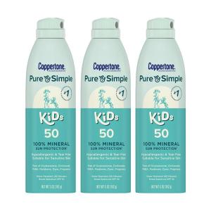 Coppertone Pure and Simple Kids Sunscreen Spray SPF 50, Zinc Oxide Mineral Sunscreen for Sensitive Skin, Hypoallergenic and Tear Free, 5 Oz Can, Pack of 3