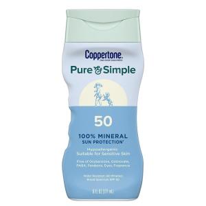 Coppertone Pure and Simple Zinc Oxide Mineral Sunscreen Lotion SPF 50, Water Resistant Sunscreen for Sensitive Skin, Hypoallergenic and Fragrance Free, 6 Fl Oz Bottle(SPF 50 Lotion)