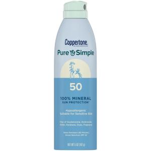 Coppertone Pure and Simple Zinc Oxide Mineral Sunscreen Spray SPF 50, Water Resistant, Broad Spectrum SPF 50 Sunscreen for Sensitive Skin, 5 Oz Spray (Pack of 2)(Blue)