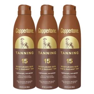Coppertone Tanning Sunscreen Spray with Broad Spectrum SPF 15, Water Resistant Spray Sunscreen, Lightweight and Non-Greasy, 5.5 Oz, Pack of 3(SPF 15)