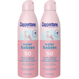 Coppertone WaterBabies Sunscreen Spray SPF 50, Spray On Sunscreen for Babies, Water Resistant, Pediatrician Recommended, 6 Oz, Pack of 2(6 Ounce (Pack of 2))