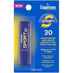Coppertone Sport SPF 30 Lip Balm, Broad Spectrum SPF 30 Sun Protection With Jojoba and Shea Butter, Hydrates Lips, 0.17 Oz Stick